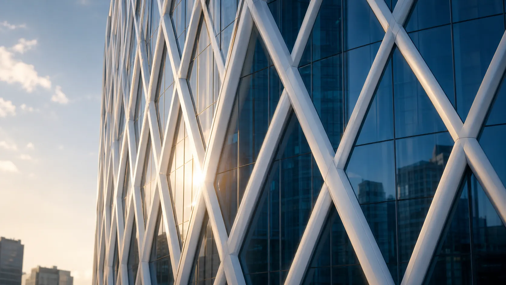 A glass office tower with a white diamond lattice façade, seen from below.